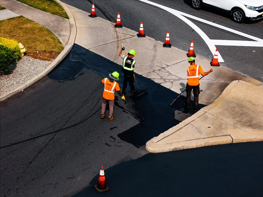3 men in hard hats paving a road with traffic cones in a line