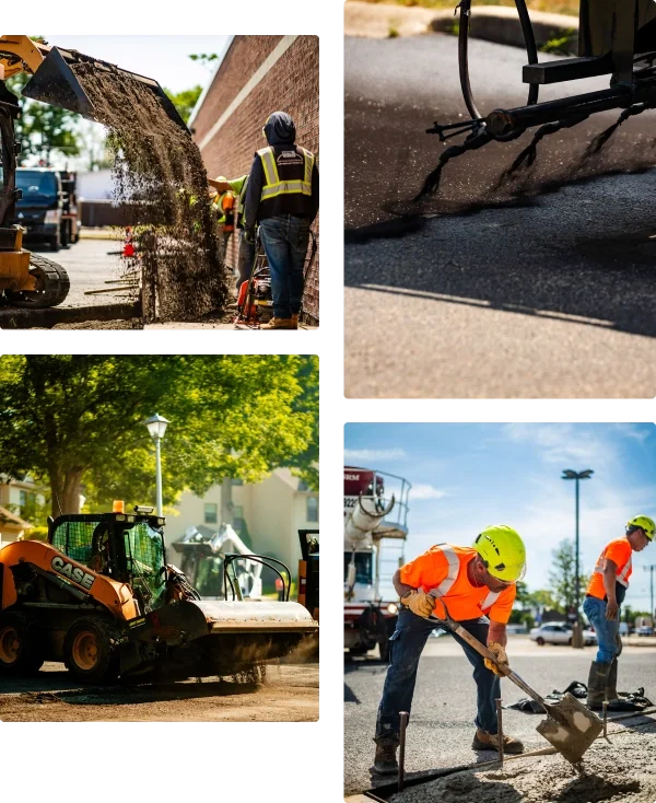 collage of 4 photos showing the concrete & asphalt paving company work from eosso brothers
