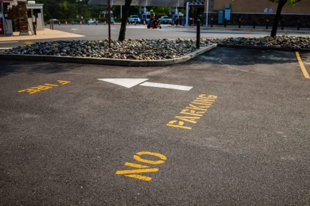 Parking lot striping with directional arrow and no-parking pavement marking